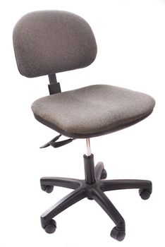 Upholstered brown swivel office chair on five casters isolated on white facing towards the camera
