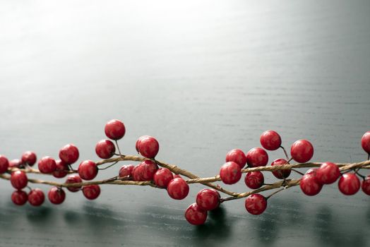 Close up view of small round red berries on vine lying atop black table with wood grain. Copy space.