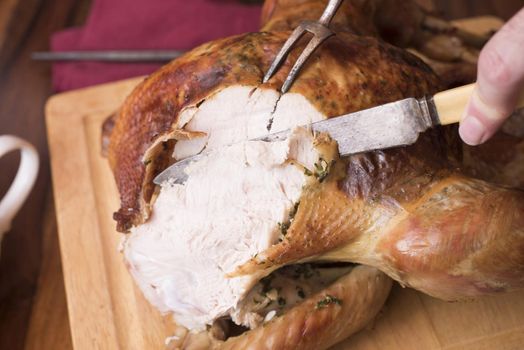 Man carving a roast turkey slicing the breast with old fashioned bone handled utensils in a close up view