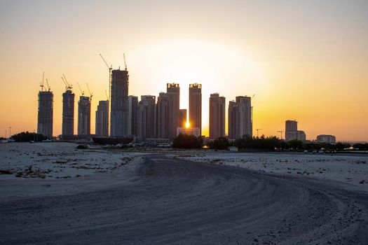 Sunrise in Jadaf area of Dubai, view of Dubai creek Harbor construction of which is partially completed. Outdoors