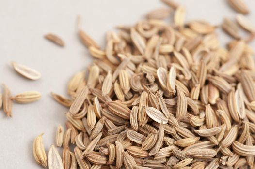 A close up of whole caraway seeds piled on a bench with a shallow depth of field.