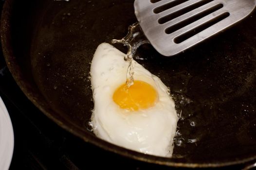 Fresh fried egg in a frying pan with a metal spatula and copy space for a healthy diet and breakfast