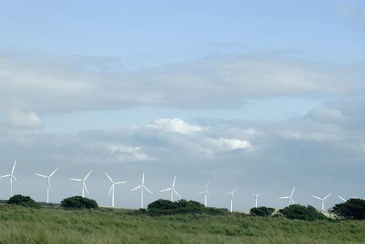 wind turbines lined up on a hill