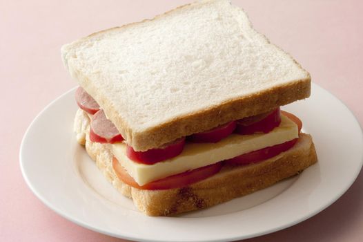 Thick serving of cheese, pepperoni sausage and tomato slices in between two pieces of white bread for delicious sandwich