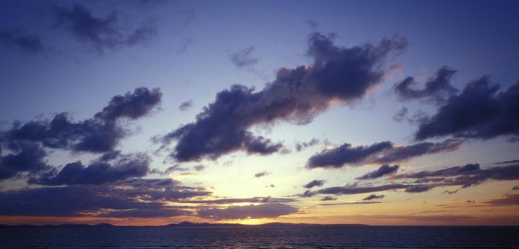 Panoramic Overview of Dramatic Horizon Landscape Underneath Tranquil Cloudy Sky at Sunset