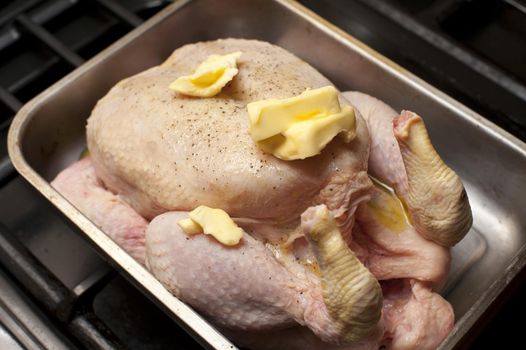 Close-up of whole uncooked chicken with butter and pepper on top in oven