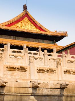 Facade and roofs details, Forbidden City in Beijing. Imperial palace in China.