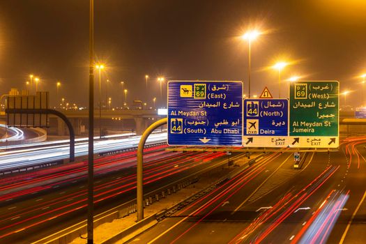 Dubai, UAE - 06.04.2021 Light trails on Al Khail road at night