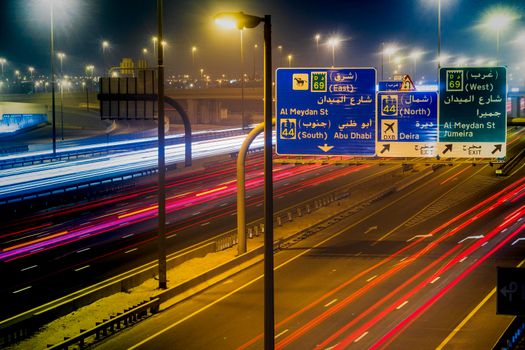 Dubai, UAE - 06.04.2021 Light trails on Al Khail road at night