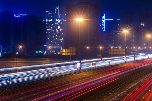 Dubai, UAE - 06.04.2021 Light trails on Al Khail road at night