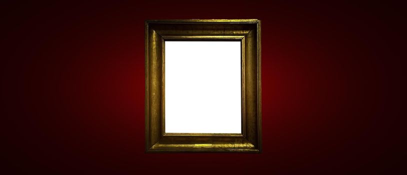 Antique art fair gallery frame on royal red wall at auction house or museum exhibition, blank template with empty white copyspace for mockup design, artwork concept