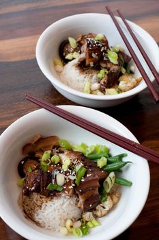 Delicious serving of roast pork with rice and gravy or broth accompanied by diced fresh beans served in a bowl with chopsticks