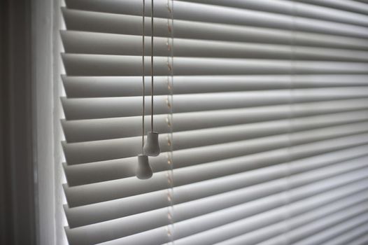 Horizontal venetian blinds in the closed position with the two toggles in the foreground, oblique angle view
