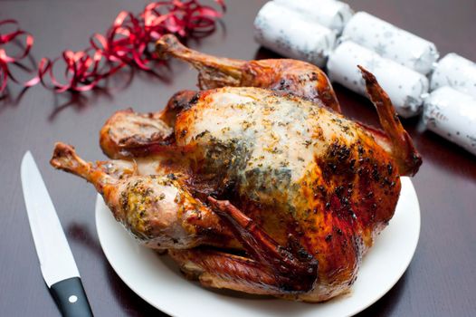 Appetizing crispy brown whole roast Christmas turkey served on a plate ready to be carved for Christmas dinner