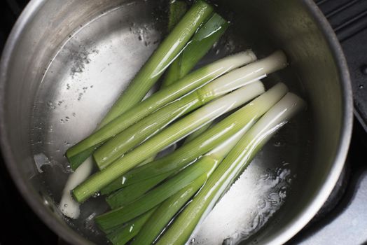 Overhead view of a pot boiling with water and half a dozen green onions cut at both ends