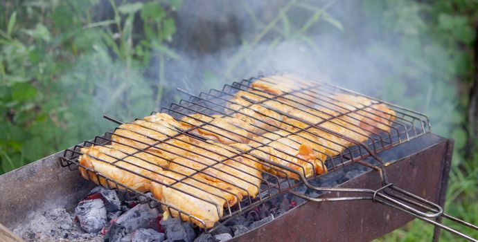 fry chicken skewers on the grill. Picnic in nature. selective focus