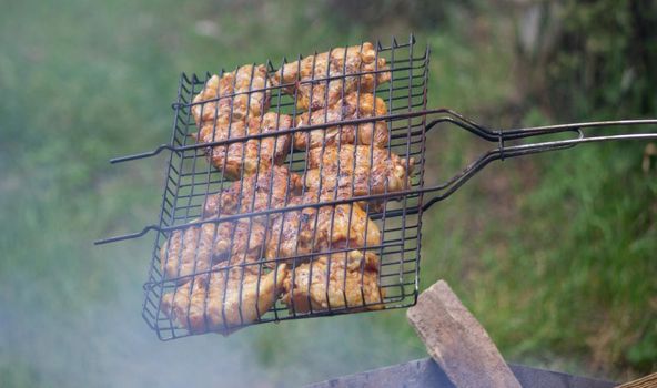 fry chicken skewers on the grill. Picnic in nature. selective focus
