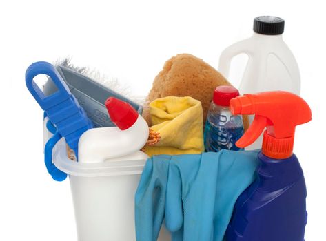 a box with bathroom cleaning liquids, sprays and sponges with white background