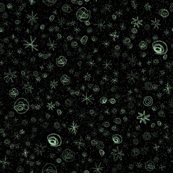 Hand Drawn Snowflakes Christmas Seamless Pattern. Subtle Flying Snow Flakes on chalk snowflakes Background. Authentic chalk handdrawn snow overlay. Breathtaking holiday season decoration.