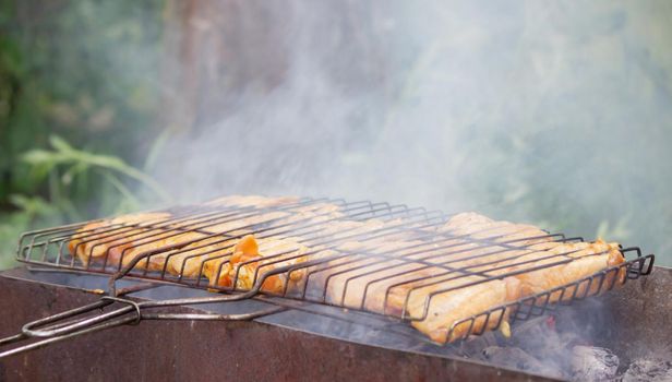 fry chicken skewers on the grill. Picnic in nature. selective focus