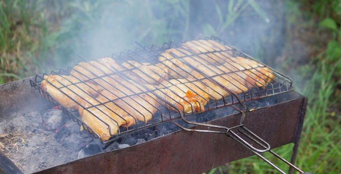fry chicken skewers on the grill. Picnic in nature. selective focus