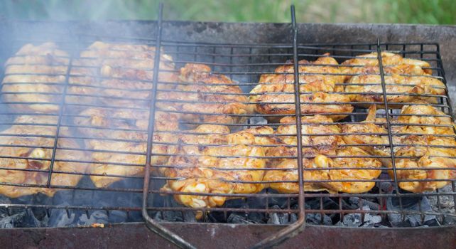 fry chicken skewers on the grill. Picnic in nature. selective focus