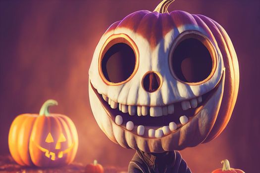 Halloween background with skeletons character and pumpkins. 3D illustration to decorate a flyer, poster, invitation or social media ad for Halloween.