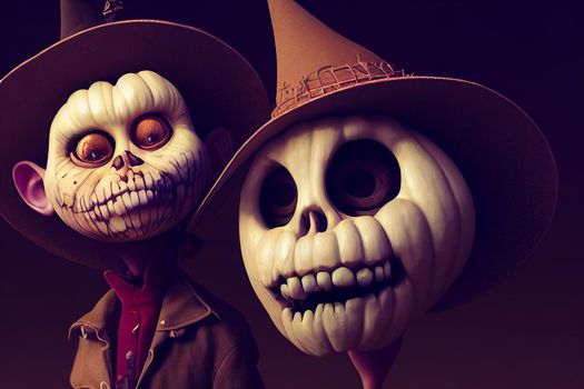 Halloween background with skeletons character and pumpkins. 3D illustration to decorate a flyer, poster, invitation or social media ad for Halloween.