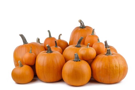 Heap of many orange pumpkins isolated on white background, Halloween day celebration concept, autumn harvest