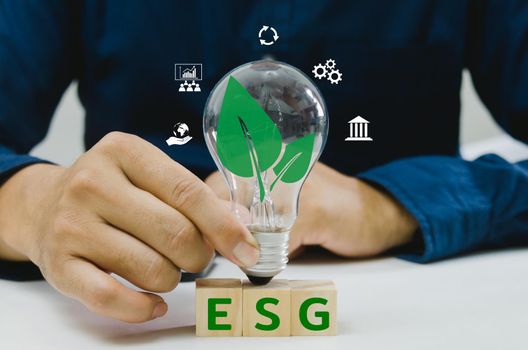 Environmental, social, and governance ESG behavior is used by socially concerned investors to consider potential investments.business innovation idea development wood cube block.