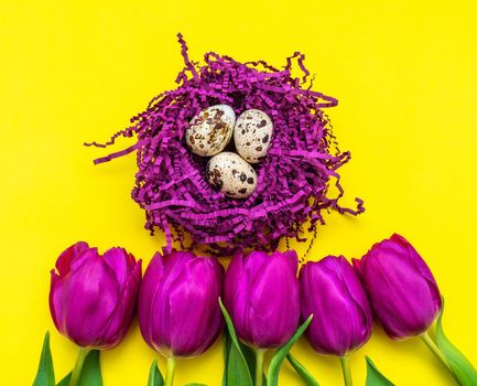 Colorful eggs in purple artificial bird's nest isolated on purple background. Easter concept