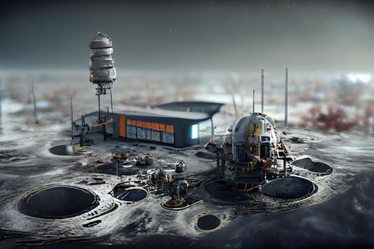 future moon base structures, neural network generated art. Digitally generated image. Not based on any actual scene or pattern.