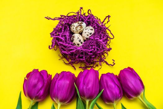 Colorful eggs in purple artificial bird's nest isolated on purple background. Easter concept