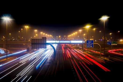 Dubai, UAE - 06.04.2021 Light trails on Al Khail road at night
