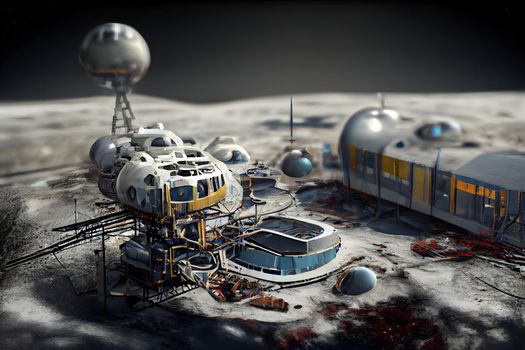 future moon base structures, neural network generated art. Digitally generated image. Not based on any actual scene or pattern.