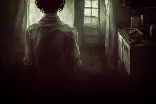 3D illustration of inside horror house Halloween concept background. Spooky night wallpaper.