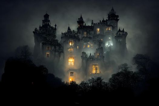 large haunted castle with many illuminated windows at spooky misty dark halloween night, neural network generated art. Digitally generated image. Not based on any actual scene or pattern.