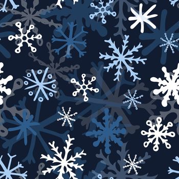 Seamless Pattern with White and Blue Snowflakes on Dark Blue Background. Abstract Hand-Drawn Doodle Snowflakes.