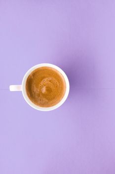 Breakfast, drinks and cafe menu concept - Coffee cup on purple background, top view flatlay