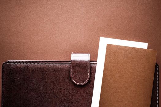 Productivity, work and corporate lifestyle concept - Vintage business briefcase on the office table desk, flatlay background