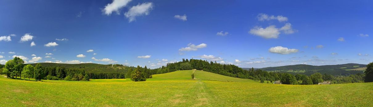 Beautiful summer panorama landscape with nature. Meadow with forest and blue sky on a sunny day. Highlands - Czech Republic