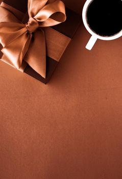 Romantic present, cafe backdrop and drink concept - Coffee cup and luxury gift box flatlay background