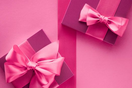 Baby shower girl, celebration, present concept - Pink gift boxes, feminine style flatlay background