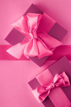 Baby shower girl, celebration, present concept - Pink gift boxes, feminine style flatlay background