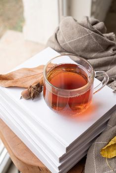 Hello fall. Cozy warm image. Cozy autumn composition, sweater weather. Pumpkins, hot black tea , sweaters and opened blank book with leaves