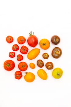 Assorted tomatoes on a white background . Tomatoes copyspace . Homemade vegetables . Article about vegetables