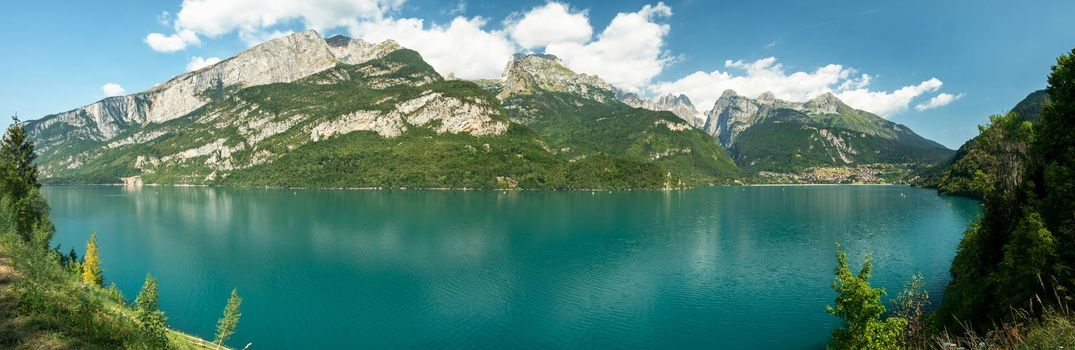 Panoramic view to the Lake Molveno in Trentino region. Panoramic view from main road SS421, San Lorenzo in banale, Italy