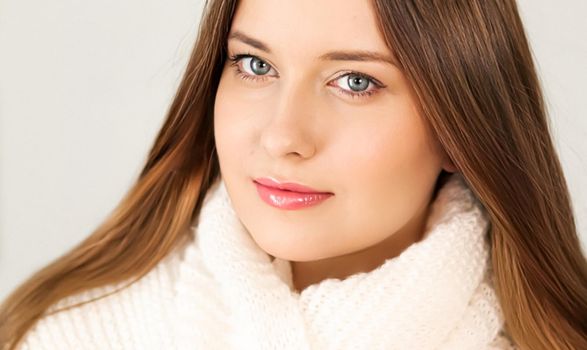 Autumn winter fashion and knitwear, beautiful woman wearing warm knitted scarf, close-up portrait