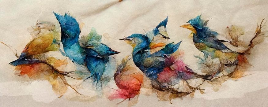 set of bright little birds, hummingbirds, watercolor hand drawing
