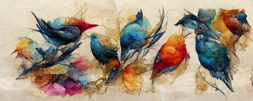 set of bright little birds, hummingbirds, watercolor hand drawing